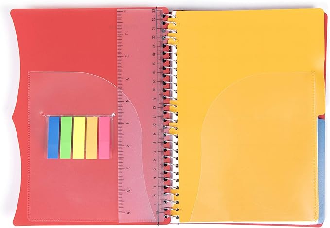 Mintra Office Durable PREMIUM Spiral Notebook, ((Red, 2 Subject (6in x 9.5in)), Wire, Fabric Covered Coils, No Snags, Removable Adjustable Pocket Dividers, Ruler, Organization, Customizable