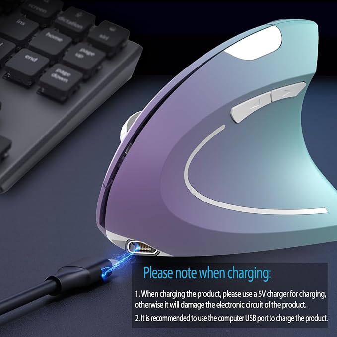 Vassink Ergonomic Wireless Rechargeable Mouse, USB A+Type C(2in 1) Connection, 800/1200/1600 DPI, 6 Buttons, 2.4GHz Carpal Tunnel Vertical Mice, for Laptop, Desktop,MacBook Purple Gradient Green