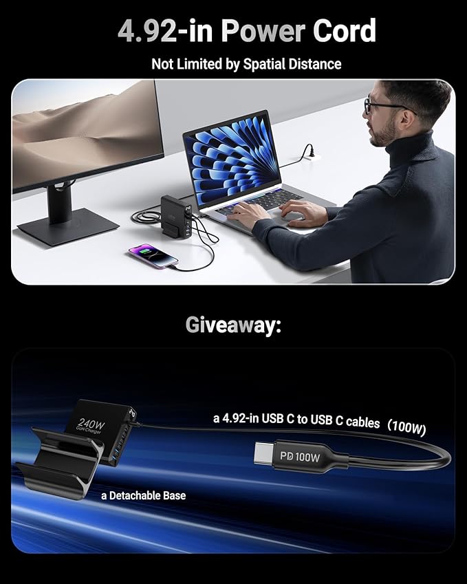 240W USB C Charger 6-Port, PD3.1 GaN Charger with LED Display Desktop Fast Charging Station for MacBook Pro/Air, iPhone Pro, iPad Pro, Dell XPS, Galaxy, Pixel, Laptops and More, Black