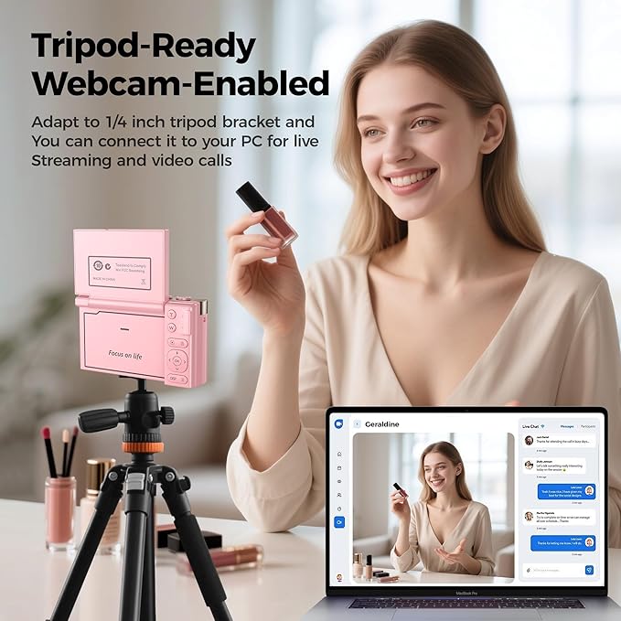 4K Digital Camera Pink for Girls Teens: 64MP Vlogging Camera with Flip Screen - 16X Zoom - Cute Compact Cam for Photography and YouTube – Aesthetic Point and Shoot Gift for Ages 8-18