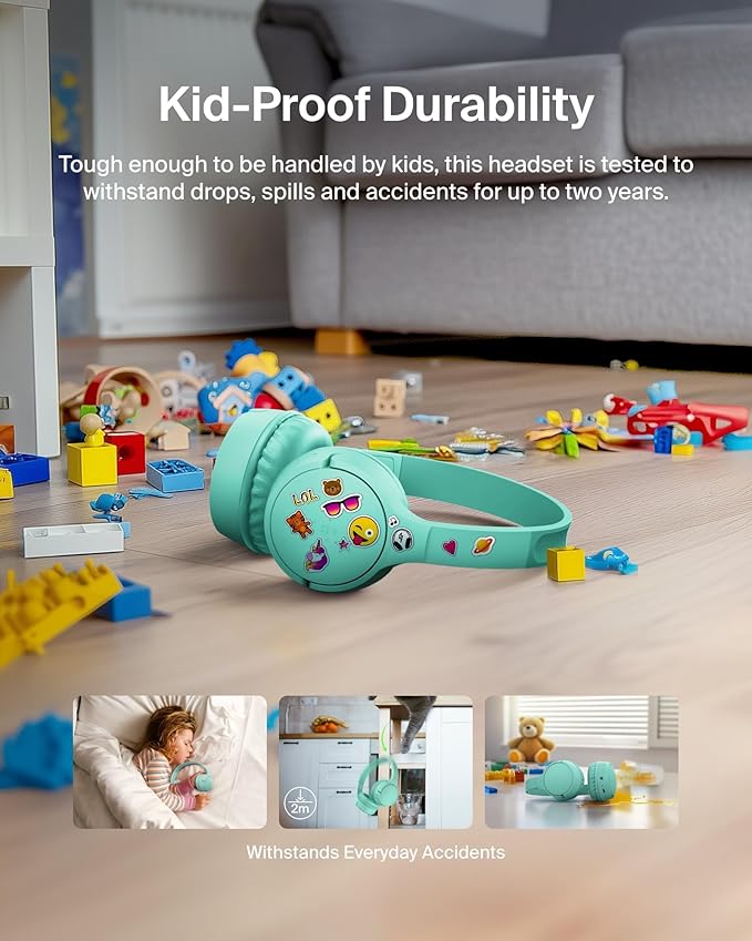 Belkin SoundForm Mini - Wireless Bluetooth Headphones for Kids with 30H Battery Life, 85dB Safe Volume Limit, Built-in Microphone - Kids On-Ear Earphones for iPhone, iPad, Fire Tablet & More - Mint