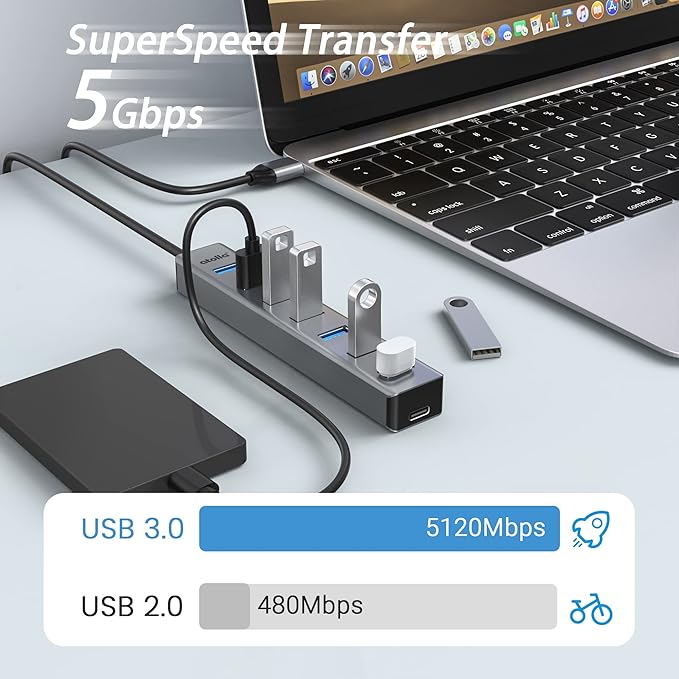 USB 3.0 hub, atolla 7-Port Multi USB Aluminum hub, 1m Extension Cable USB Splitter, Suitable for PC, Laptop, MacBook Pro, etc.