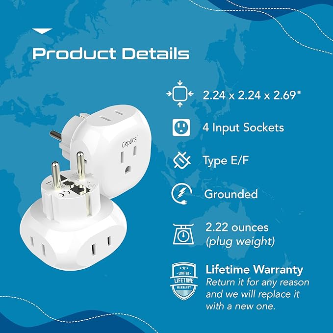 Ceptics European Schuko Travel Plug Adapter Germany France Adapter Charger 4 Input - USA to Any Type E/F Countries Such as Germany, France and More - 2 Pack (PT-9), White