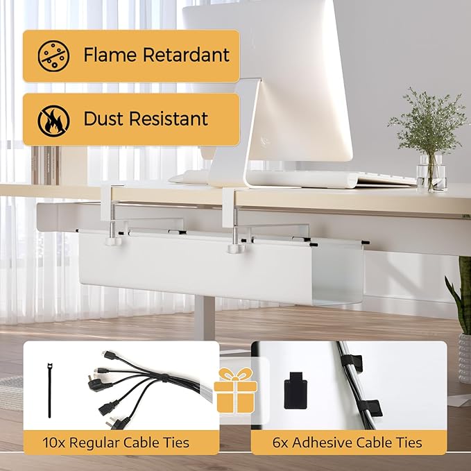 Under Desk Cable Management Tray 27.2" - No Drill Computer Wire Organizer Cable Tray, Fabric Cord Hider Clamp Mount, with 16X Cable Ties PC Cables Management Cord Holder for Office/Home (White)