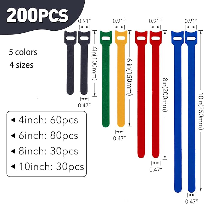 200PCS Reusable Cable Ties Wire Ties Cord Organizer Cable Organizer Adjustable Cable Management 4+6+8+10 inch 5 Colors