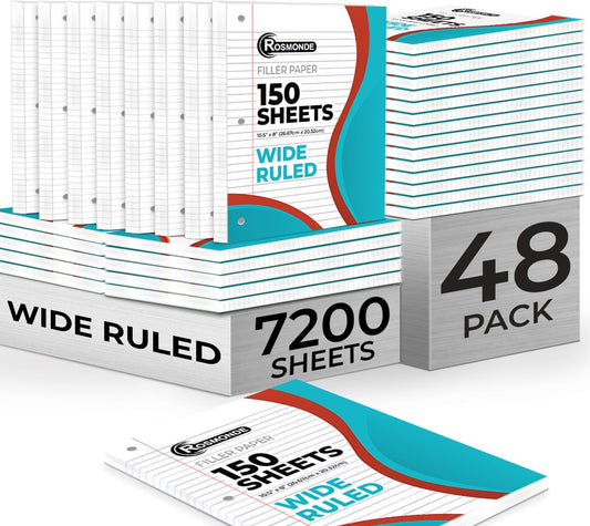Loose Leaf Paper Bulk, 7200 Sheets, Wide Ruled, 8 x 10.5", Filler Papers for Office, 56 Gsm Thick Sheets, 3 Hole Punched for Binders, 48 Pack, 150 Sheets/Pack, Bulk Notebook Paper, White