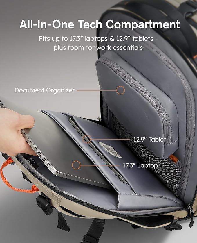 Tolaccea Travel Laptop Backpack, TSA Friendly Flight Approved Carry-on Business Rucksack Work Backpack with Extra Toiletry Bag, Dual Storage for 17.3" Laptop and 12.9" Tablet, 40-45L Expandable