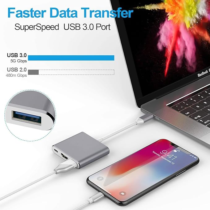 3 in 1 USB C to HDMI Adapter, Type C to 4K HDMI Adapter with 100W PD & USB 3.0 Port, Multiport Hub Compatible with MacBook Pro, iPad Air, iPhone 15/16, Laptop, TV, Switch, Monitor and More