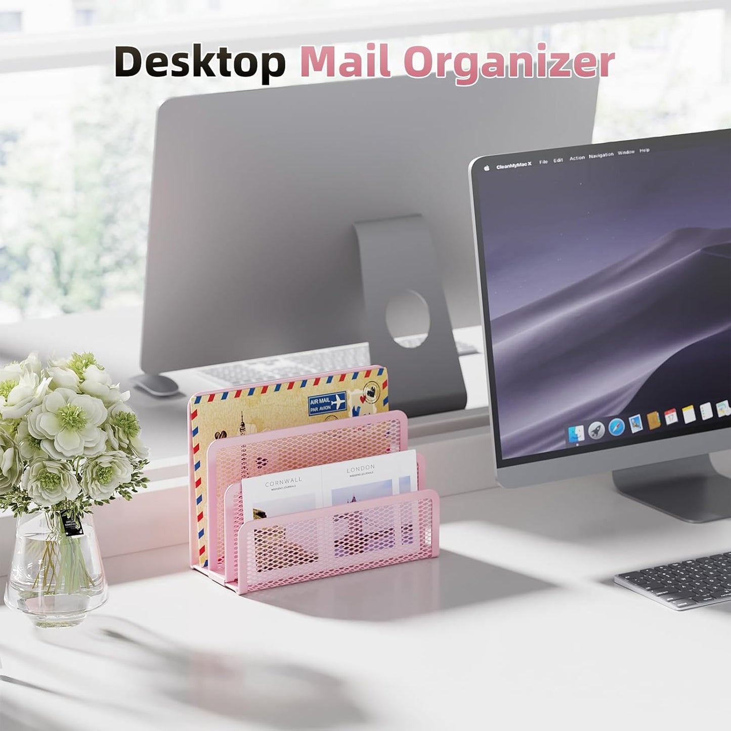 Marbrasse Mail Organizer for Desk, 3-Slot Mesh Metal Mail Holder countertop, Letter Holder, Office Desktop Envelope and Document Storage Rack (Pink)