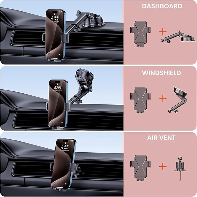 Universal Car Phone Mount Holder [3-in-1 Suction Cup] for Dashboard Windshield Air Vent, Military-Grade Adhesive Phone Car Mount, One Hand Release for iPhone Samsung Android Smartphones