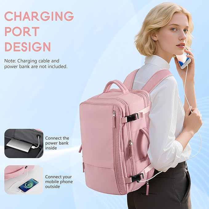 Beraliy Large Travel Backpack for Women, Personal Item Bag Airline Approved, Carry On Luggage, 17 inch Laptop Backpack, Waterproof Backpack, Hiking Backpack, Pink