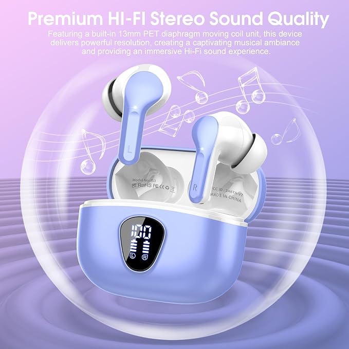Wireless Earbuds, Bluetooth 5.4 Headphones HiFi Stereo, Bluetooth Earbuds with ENC Noise Cancelling Mic, IP7 Waterproof in Ear Earphones, 48H, LED Display Ear buds for Pad Phones Workout, White Purple
