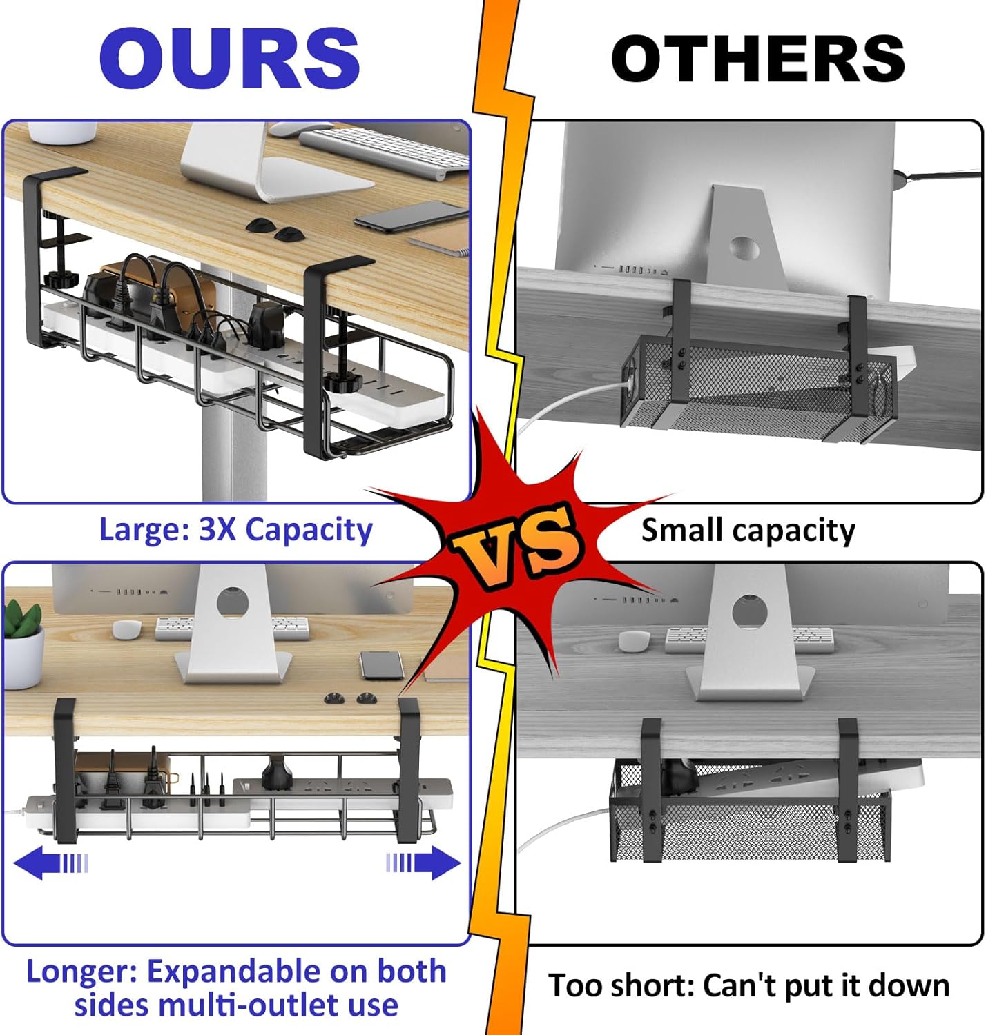 Under Desk Cable Management Tray, 31.5'' No Drill Steel Cable Tray Organizers, Wire Management Tray Cable Rack with Clamp Mount, Metal Under Desk Tray with Wire and Cord Organizer