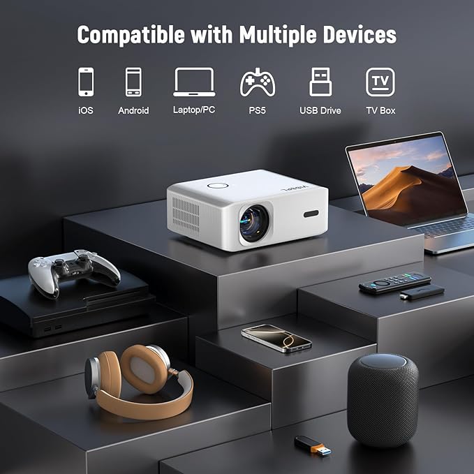 [Auto Foucs] Smart Projector with WiFi and Bluetooth, VISSPL 4K Supported Video Projector, Auto Keystone, Home Theater Movie Phone Projector Compatible with Android/iOS/Windows/TV Stick/HDMI/USB