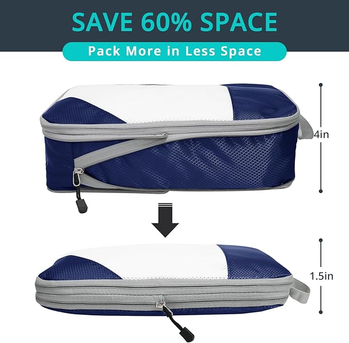 9 Set Compression Packing Cubes for Travel - Compressible, Lightweight, and Space-Saving Packing Cubes, Travel Essentials for Women, Navy