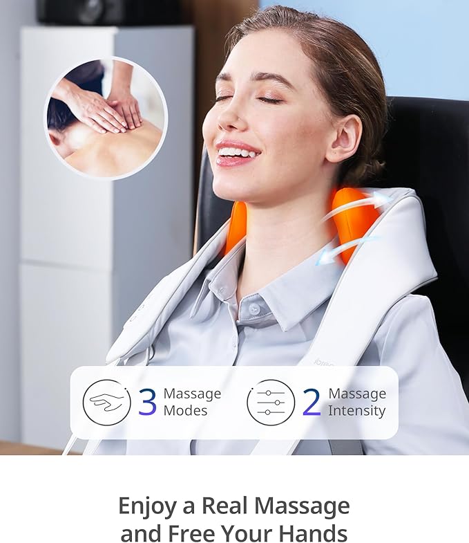 Cordless Shiatsu Neck and Back Massager with Heat, 10 Mins x 12 Uses, 3 Massage Modes & 2 Intensity Levels, 3D Kneading Deep Tissue for Pain Relief, Voice Prompt & Smart Memory, Relax for Women, Men