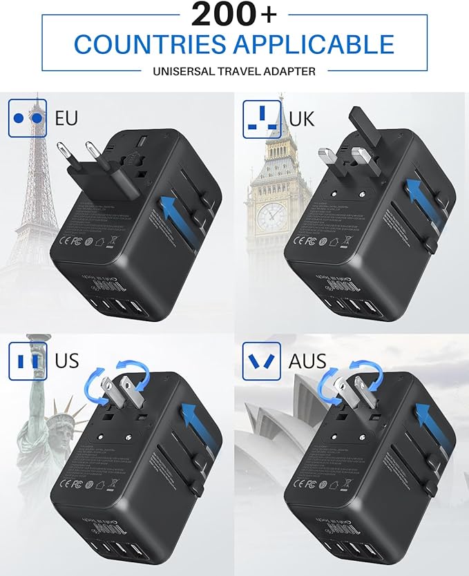 DOACE Universal Travel Adapter, 100W GaN 3.0 European Travel Plug Adapter with Built-in USB-C Cable, 6 in 1 International Power Adapter with 5 USB Ports for EU/UK/USA/AUS(Black)