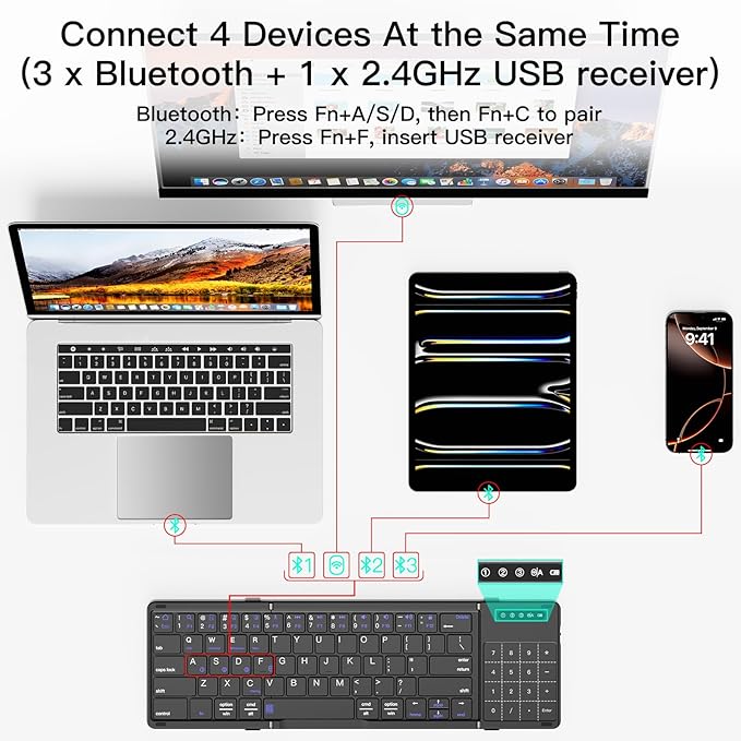 XIWMIX 2-in-1 Foldable Bluetooth Keyboard with Touchpad & Number Pad, Multi-Device Folding Wireless Rechargeable Portable Travel Keyboard for iPad,Laptop,PC,Compatible with Windows,iOS,Android,MacOS