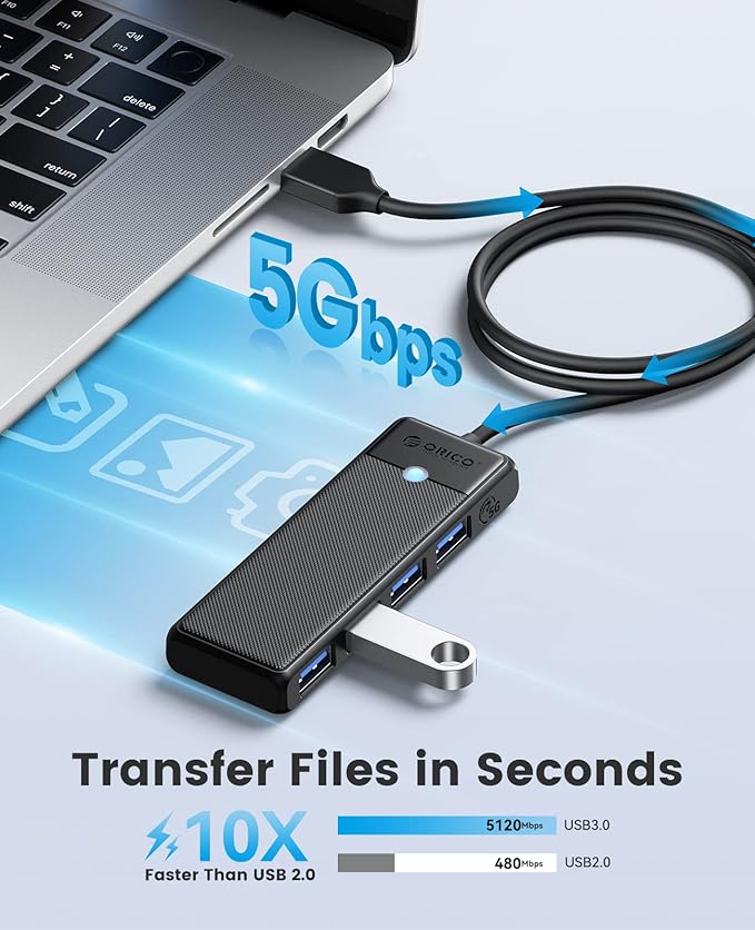 USB 3.0 Hub, ORICO 4-Port USB Hub with 3.3FT Long Cable, Ultra Slim USB Splitter for Laptop for MacBook, Mac Pro, iMac, Surface Pro, XPS, PS5，PC, Flash Drive, Mobile HDD(Black/3.3ft)