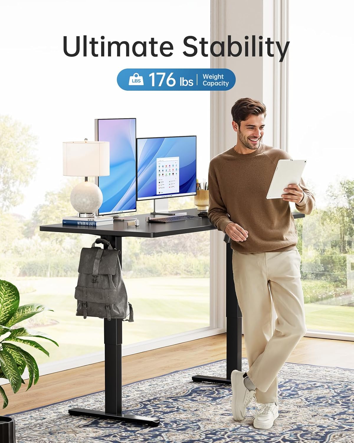 HUANUO Electric Standing Desk, 55" x 28" Whole Piece Desktop, Adjustable Height Computer Desks, 4 Height Memory Settings, Sit Stand Up Desk for Home Office, Black