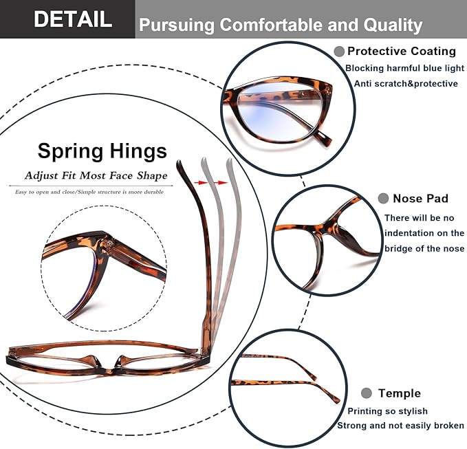 EYEURL 4 Pack Cat Eye Reading Glasses for Women, Blue Light Blocking Readers Lightweight Spring Hinge Anti Eyestrain UV Fashion Eyeglasses +1.75