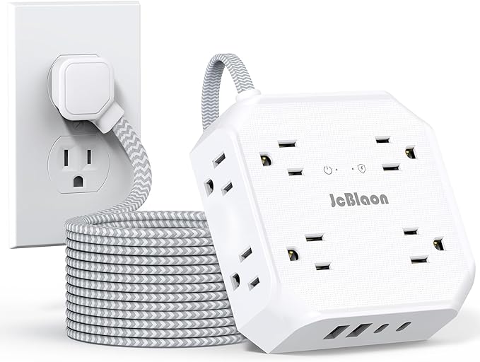 Surge Protector Flat Plug Power Strip, 10Ft Extension Cord with Multiple Outlets, 8 Outlet Splitter with 4 USB(2 USB C) Ports, Desk Charging Station for Home, Office, College, Dorm Room Essentials