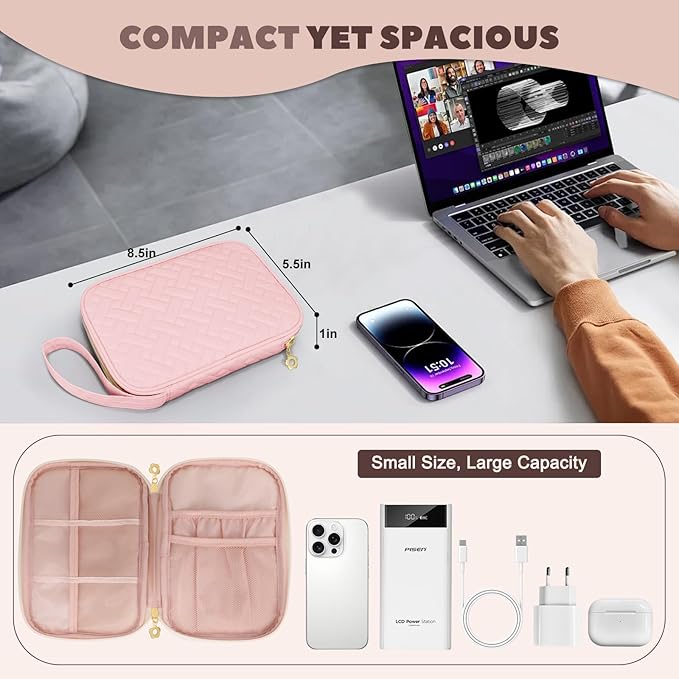 Electronics Organizer Travel Case, Charger Bag Cord Organizer Travel, Compact Tech Pouch Cable Organizer Bag for Charger, Cords, Phone, Headphones, Flash Drive, SD Card (Pink, Small-Single Layer)