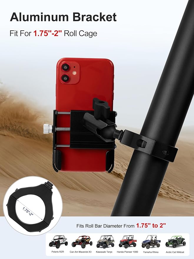 UTV Phone Mount, Aluminum Heavy Duty UTV Phone Holder Fit for 1.75"-2" Roll Cage, Compatible with Polaris RZR/Can Am X3/Kawasaki Teryx/Talon Pioneer 1000, No Block Camera & Buttons