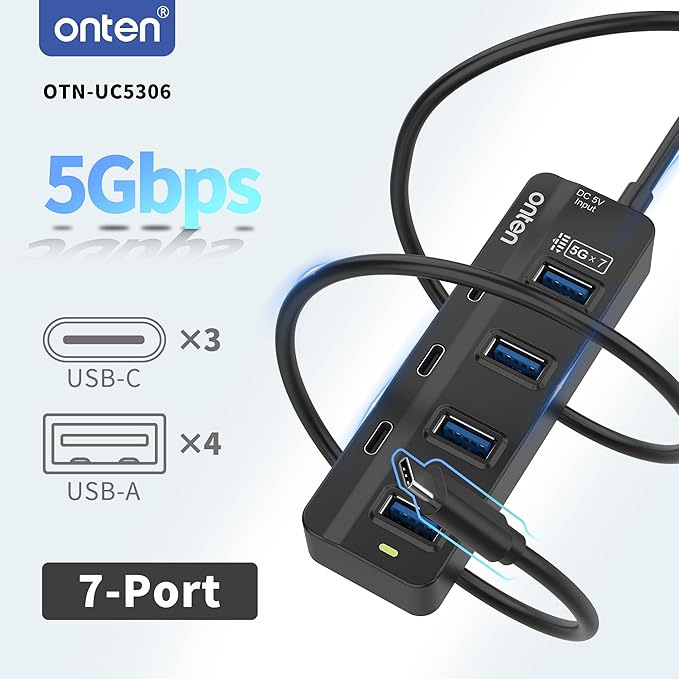 Onten USB-C Hub, USB-Type C to USB-A 3.0,7-Port USB-C HUB with Cable 1M.