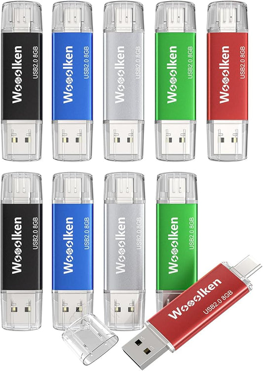 USB C Flash Drive 8GB 10 Pack, Wooolken Type-C Flash Drive + USB 2.0 Thumb Drive OTG Memory Stick Compatible with iPhone 16/15, Android Smartphone/Tablets/Computers