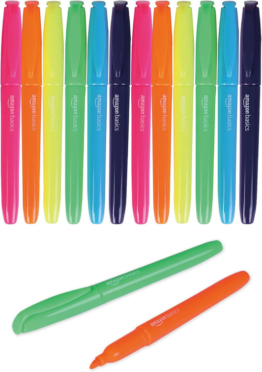 Amazon Basics Highlighters, Fluorescent Ink, Chisel Tip, Assorted Colors, School Supplies, 12 Pack