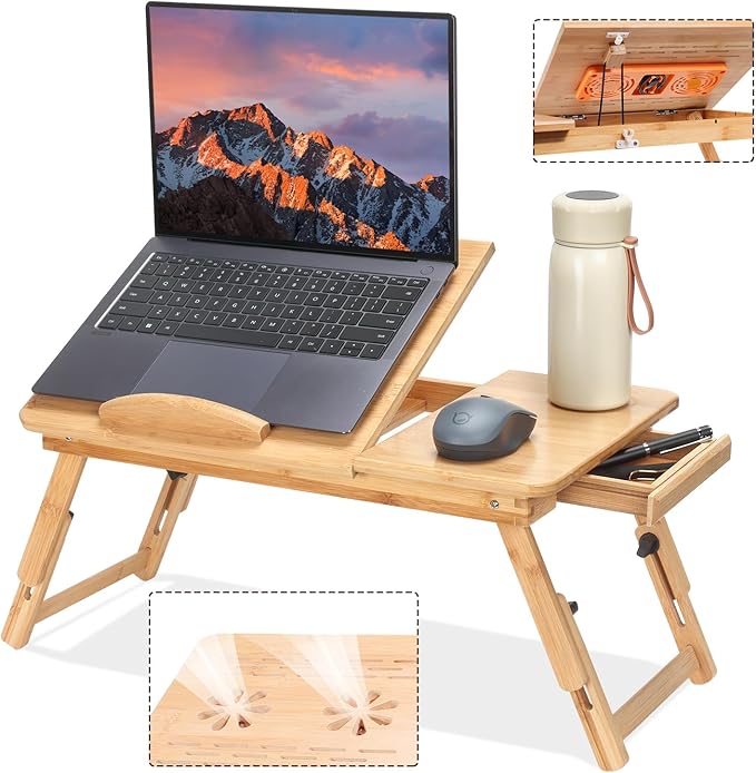 Adjustable Bamboo Laptop Desk with Cooling Fan, Foldable Bed Tray for Breakfast, Writing, and Drawing, with Tilting Top and Drawer, Portable Lap Desk for Bed, Sofa, and Floor.