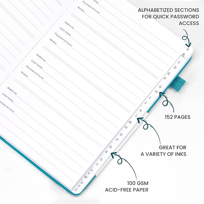 Password Book with Alphabetical Tabs, Hardcover Password Keeper, A5 Size 8.3"x6" Password Notebook for Saving Internet Login, Username, Password Organizer for Computer & Website