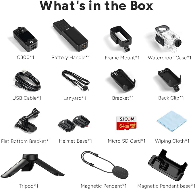 SJCAM C300 Vlogging Combo, 4K Pocket Action Camera,7Hour Power,6-Axis Stabilization,Dual-Touch Screen 154° Wide FOV Video Body Camera,Waterproof,Live Streaming,with Tripod Kits,64G Card,Black