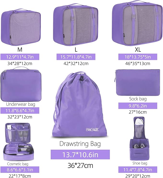 BAGAIL 8 Set Packing Cubes Luggage Packing Organizers for Travel Accessories-Light Purple