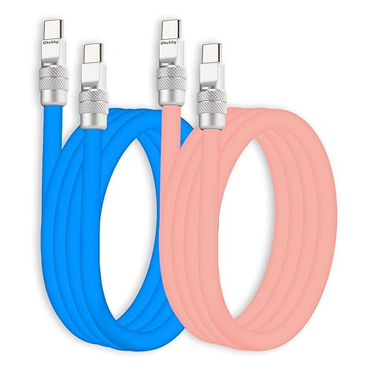 chubbycable Couple Chubby 2-Pack 240W USB C Cable Extra Thick Silicone Fast Charging Cable Compatible with iPhone 17-15 Series iPad Galaxy Series, Blue+Pink, Type-C to Type-C, 13.1FT