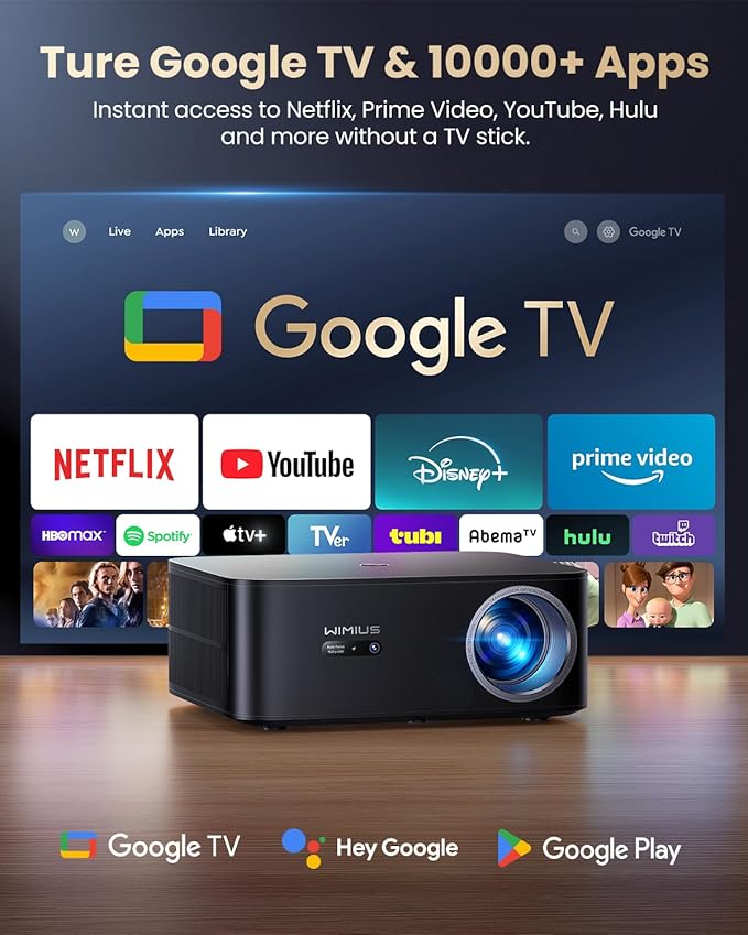Google TV 4K Supported Smart Projector,Outdoor & Home Theater Projector with Wi-Fi 6 and Two-Way Bluetooth 5.2,Auto Focus & Keystone,800 ANSI,WiMiUS K13 Movie Proyector for Indoor & Outdoor Use