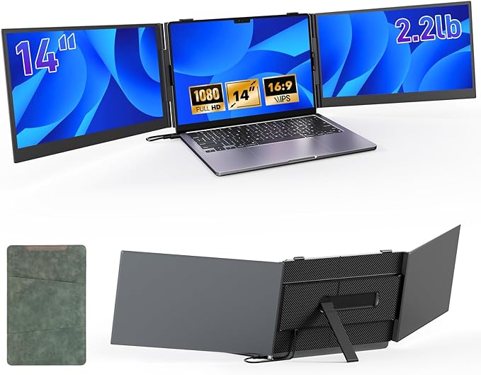 Redalf 14” Triple Laptop Screen Extender,Ultra-Thin & Lightweight (2.2lb) Portable 1080P FHD IPS Monitor, Plug & Play USB-C/HDMI, Fits 13–17.3” Laptops for Mac/Windows/Chrome