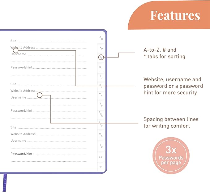 Rileys & Co. Password Book with Alphabetical Tabs, Password Keeper, Password Books for Seniors, Password Notebook for Internet Login, Website, Username (6 x 5 Inches, Purple - Floral)