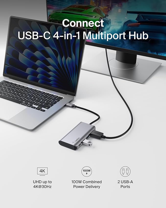 Belkin USB C Hub, 4-in-1 Multi-Port Laptop Dock with 4K HDMI, USB C Docking Station with 100 Watt Pass-Through Power Delivery, 2 X USB A Ports For MacBook Pro, Air, iPad Pro, Chromebook and More