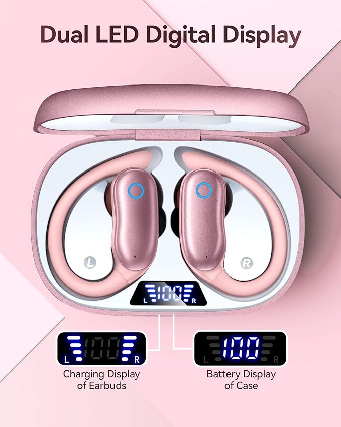 GNMN Active Noise Canceling Ear Buds Wireless Earbuds 96hrs Playback Bluetooth Headphones IPX7 Waterproof Stereo Bass Over-Ear Earphones with Earhooks Microphone LED Battery Display for Sports/Workout