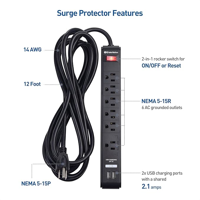 [ETL Listed] Cable Matters 2-Pack 6-Outlet Surge Protector Power Strip with USB Ports - 12ft, Long Extension Cord, Surge Protector with USB Ports, Black