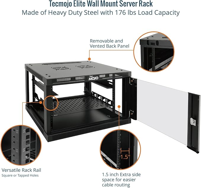 Tecmojo 6U Wall Mount Rack Cabinet, Heavy-Duty 176 Lbs High Load Capacity, 19” Enclosed Server Network Rack with Glass Door, 17.7” Deep – Elite Collection
