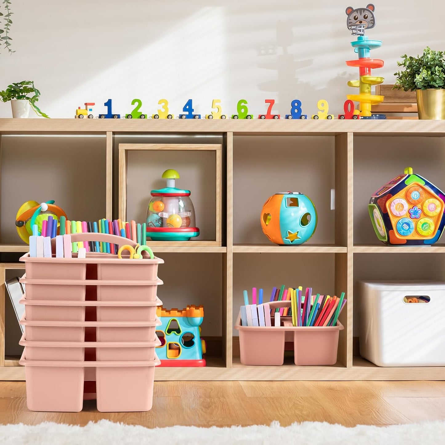 12 Pcs Classroom Caddy with 3 Compartment - Multipurpose Portable Plastic Storage Table Caddies with Handles for School Home Office Organizer(Flesh Pink)