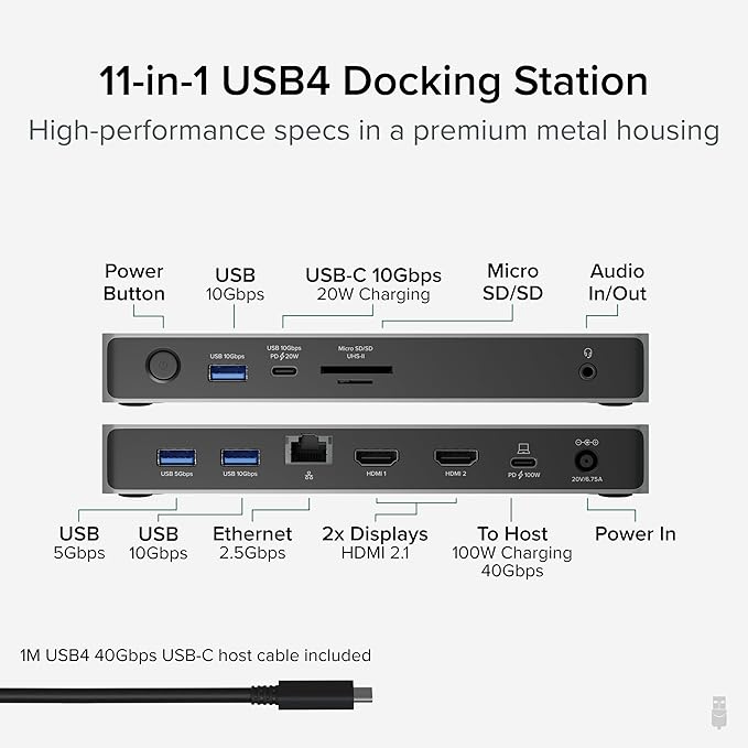 Plugable USB C Docking Station Dual Monitor, 11-in-1, USB4 40G 100W Laptop Charging Dock for Windows and Thunderbolt, 4K HDMI 2.1 upto 120Hz, 2.5Gbps Ethernet, SD Reader, 20W USB-C Charging Driverless