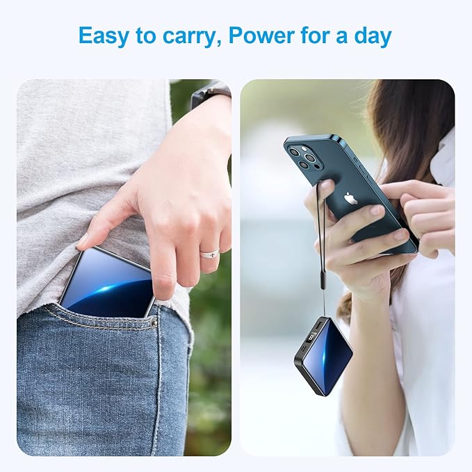 Portable Charger 12000mAh with Built-in Cables,22.5W Fast Charging Power Bank,USB C Input/Output,Smart LED Display,Compact External Battery for iPhone 15,Samsung Galaxy,iPad,Tablets