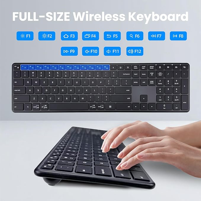 K925 Wireless Bluetooth Keyboard Multi-Device Full Size Wireless Keyboard with Number Pad,Multimedia Keyboard Quiet Typing for Windows/PC/Laptop/Phone