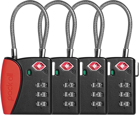pack all TSA Approved Cable Luggage Locks, 3 Digit Combination Padlocks, Travel Lock for Suitcases & Bag, Alloy Body, Travel Accessories (4 Pack)（Red）