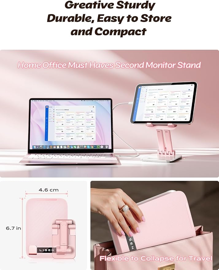 LISEN Tablet Stand for iPad Stand Holder Desk, Foldable Home Office Desk Accessories Travel for iPad Holder Dorm College Essentials Portable Monitor Pink Sorbet for Girls