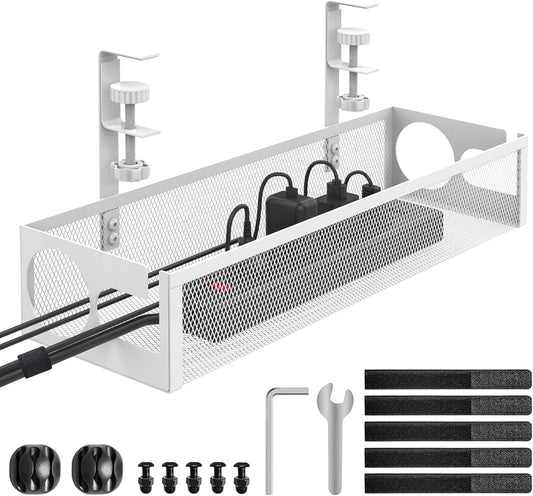Under Desk Cable Management Tray No Drill 15.1’’, Metal Mesh Cable Management Box with Hybrid Side Slots & Reinforced Basket,Adjustable Cable Tray with Wire Management for Office Home,1 Pack (White)